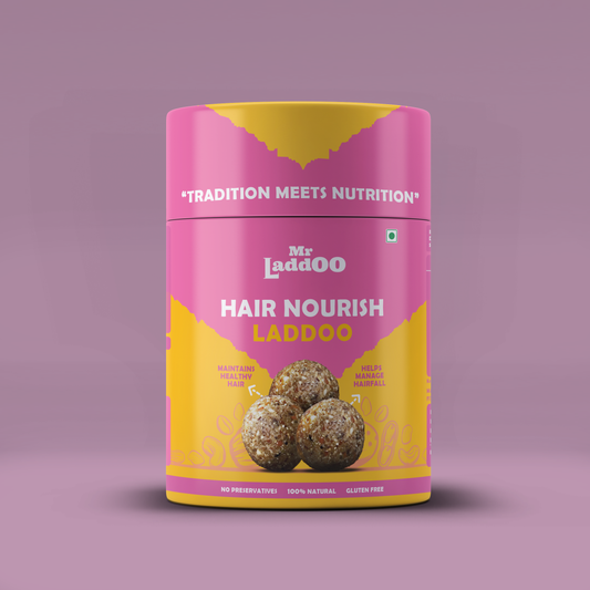 Hair Nourish Laddoo, Biotin for hair. Frontside